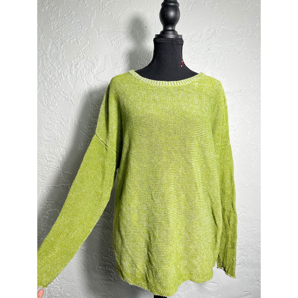 Eileen Fisher Organic Linen Sweater Medium Lime Green White Marled Knit